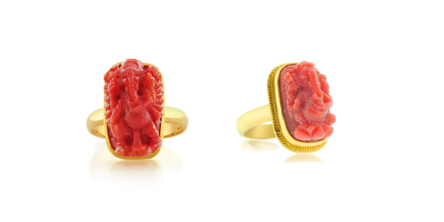 24K Gold Handmade Coral Ganesh Ring - Queens Diamond & Jewelry