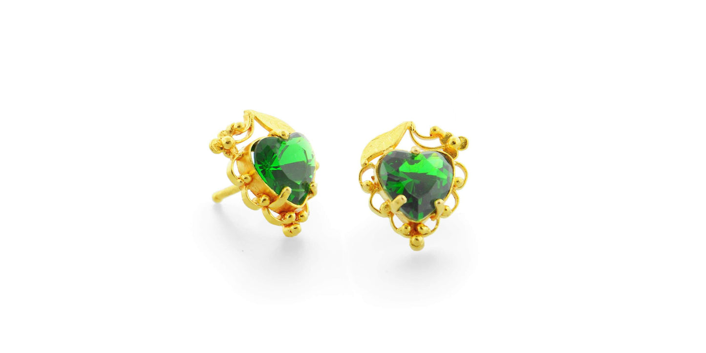 24K/22K Handmade Green Stone Heart Shape Earring - Queens Diamond & Jewelry