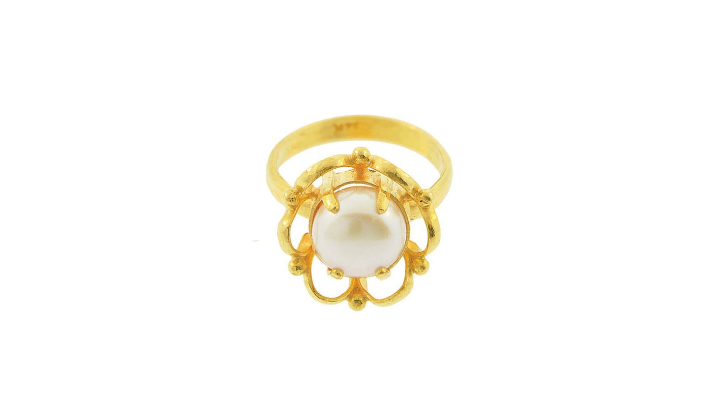 24K Gold Handmade Simple Flower Design Pearl Ring - Queens Diamond & Jewelry